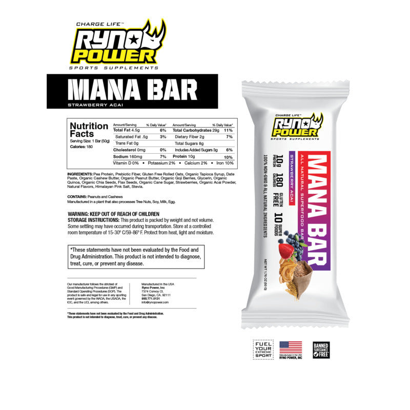 RYNO POWER MANA STRAWBERRY ACAI PROTEIN BAR 12 x 50G CADDY