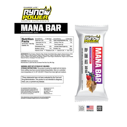 RYNO POWER MANA STRAWBERRY ACAI PROTEIN BAR 12 x 50G CADDY