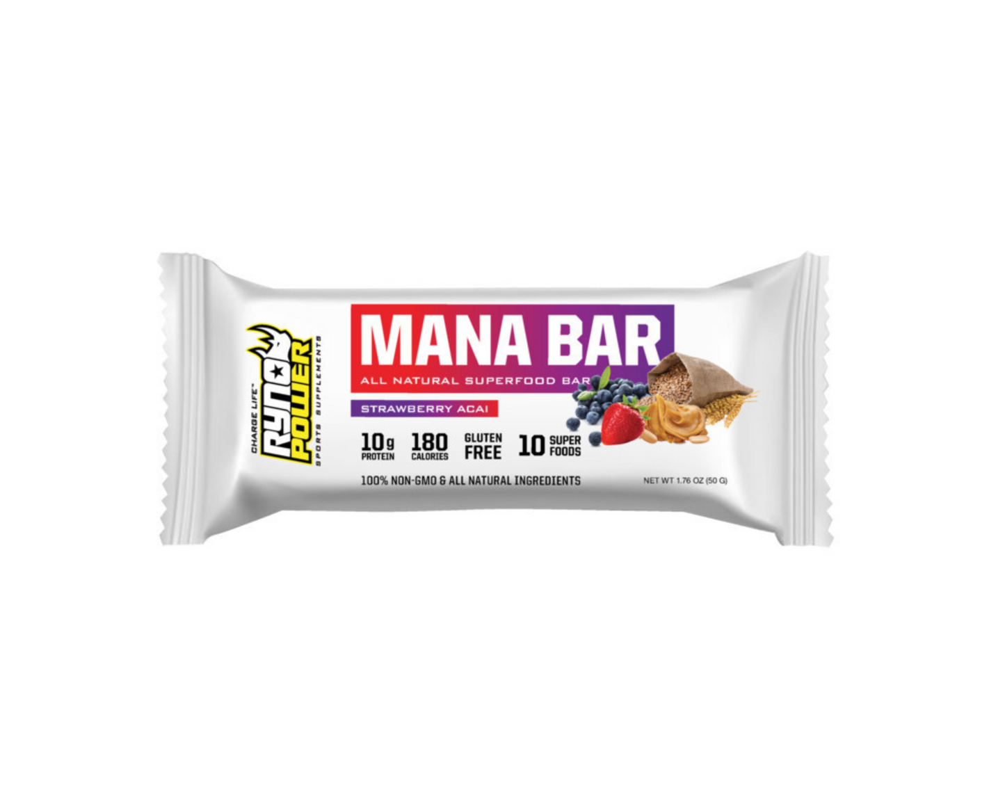 RYNO POWER MANA STRAWBERRY ACAI PROTEIN BAR 12 x 50G CADDY