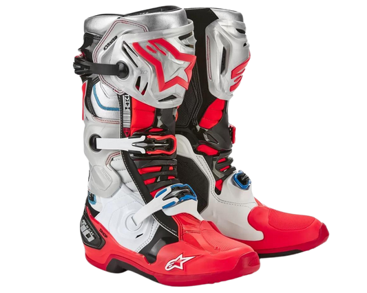 ALPINESTARS LE VISION TECH 10 BLACK/WHITE/SILVER/FLURO RED BOOTS